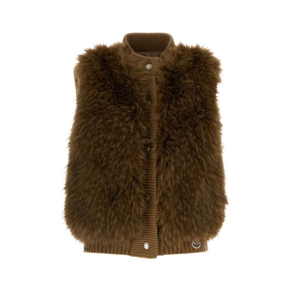 Moncler Women Brown Eco Fur And Nylon Sleeveless Down Jacket